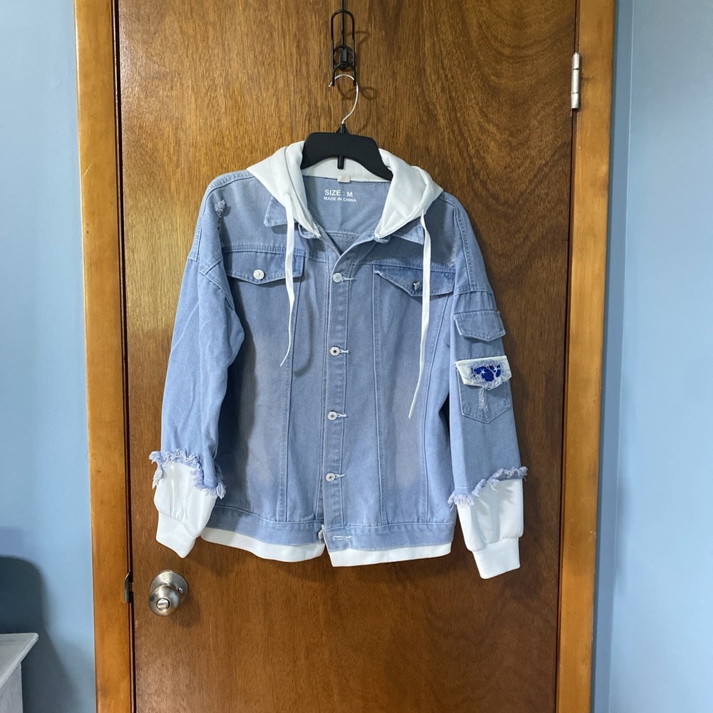 Anime Attack on Titan Denim Jacket Cosplay Hooded Scout Regiment Blue White M